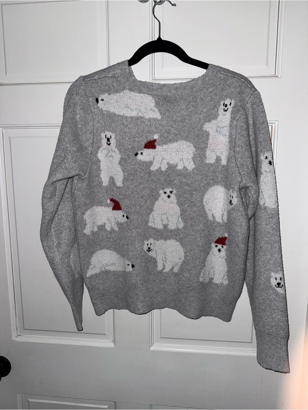 Holiday Time Gray Sweater with White Polar Bear Motifs and Red Hats